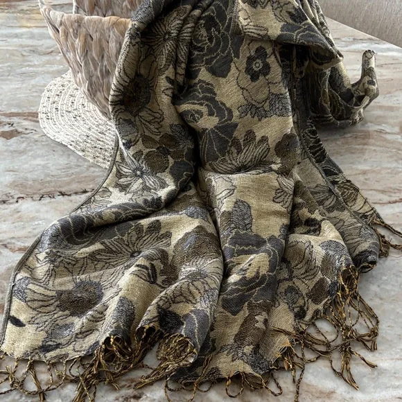 Pashmina Black and Gold Floral Scarf - Picture 1 of 5